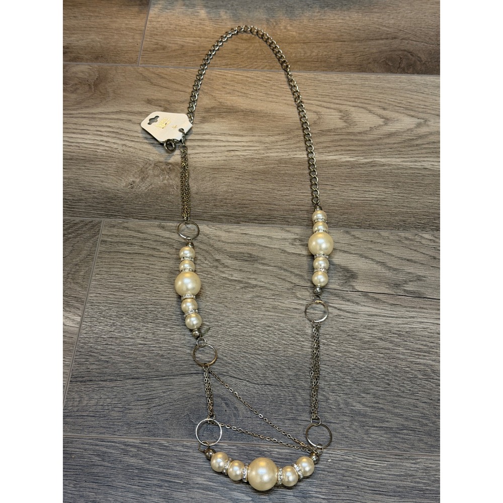 Sophia Collection Station Necklace White Faux Pearl Rhinestone Silver Tone NWT